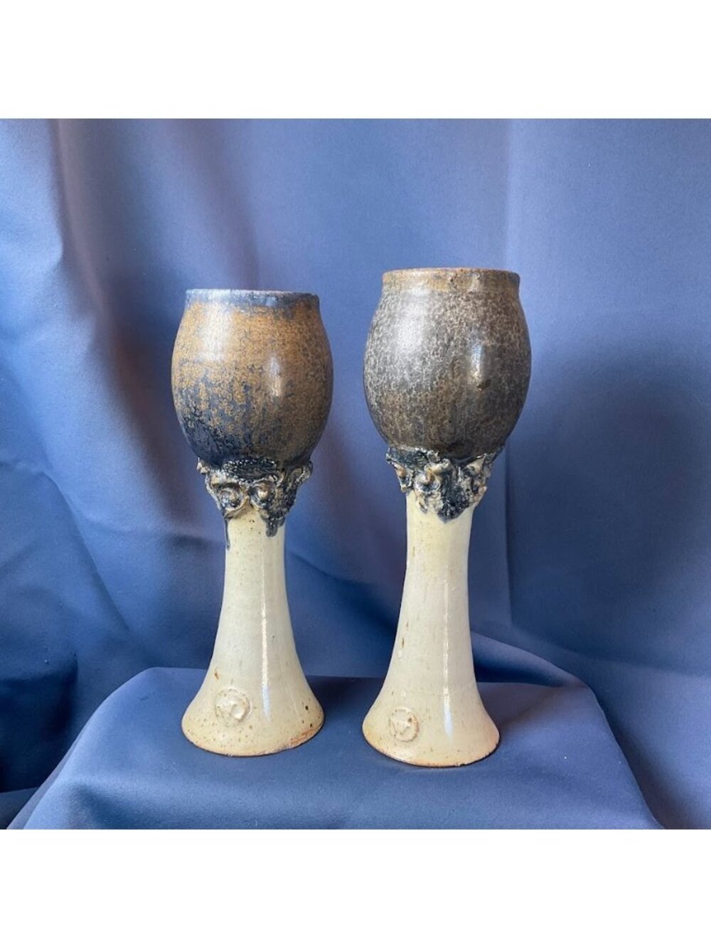 Handmade Studio Pottery Goblets Pair Rustic Medieval Chalice Cups Drip Glaze